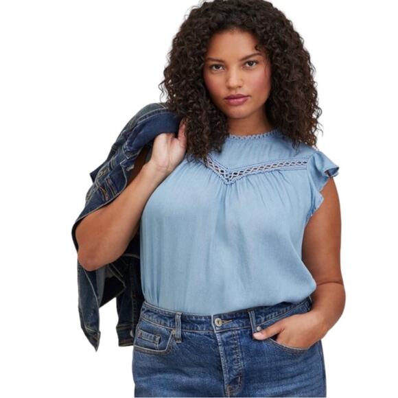 Torrid Flutter Blouse Denim Medium Wash Women’s Size 3X Feminine Summer Girly - Picture 1 of 10